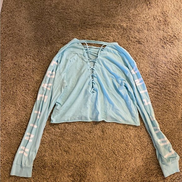 Victoria's Secret PINK Light Blue Long Sleeve Crop Top with Laced Back - Picture 2 of 2